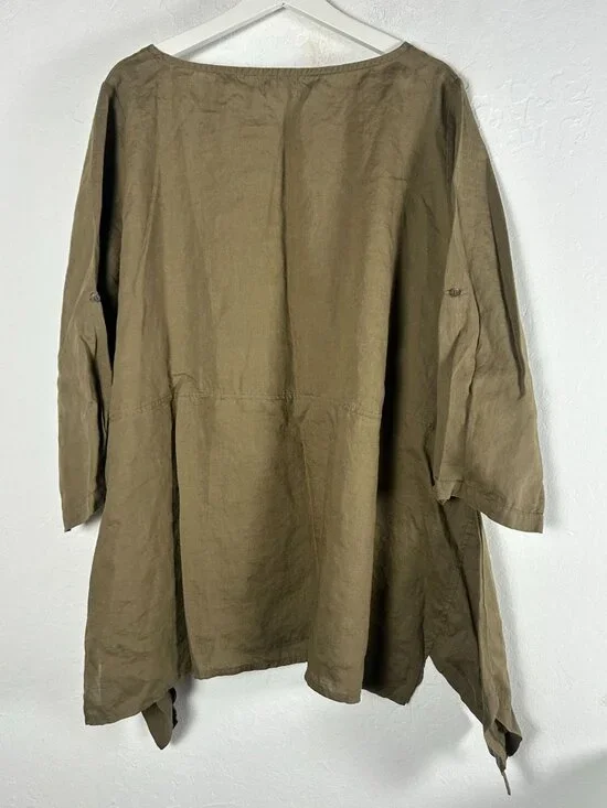 Yea Womens Linen Asymmetrical Tunic Top 2X Brown 3/4 Sleeve Lagenlook Casual - Picture 2 of 9